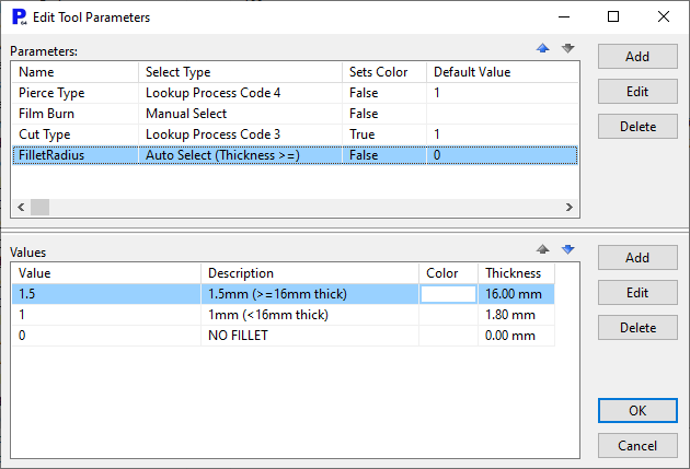 FilletRadius as a thickness banded tool parameter