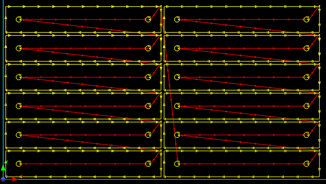 All rapids leave their cuts using Top-Right tendency, if parts are cut columnar bottom-to-top, and left-to-right. Although the dagonal rapid between columns now appears to cross the second column, these parts have not yet been cut when the rapid occurs. All rapids leave their cuts using Top-Right tendency, if parts are cut columnar bottom-to-top, and left-to-right. Although the dagonal rapid between columns now appears to cross the second column, these parts have not yet been cut when the rapid occurs.