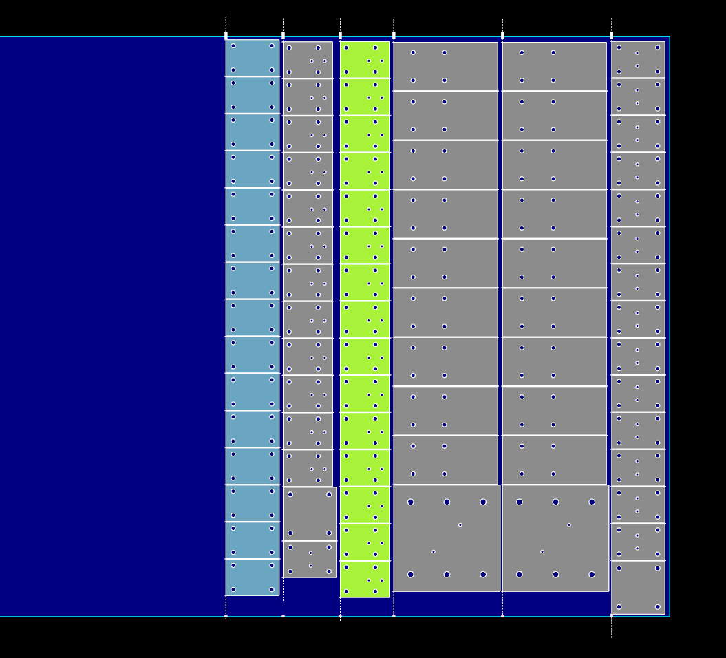 This example shows homogeneous columns (green and blue) and mixed columns of different parts (grey).  It obviously help to select parts of similar width when constructing mixed columns.  