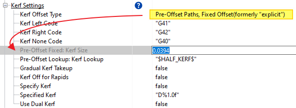 Pre Offset Paths, Fixed Offset uses the units-aware number stored in "Pre-Offset Fixed: Kerf Size" (Here we are running in inches, this value evaluates as 1mm)