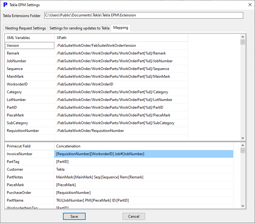 Tekla EPM Settings Mapping Tab