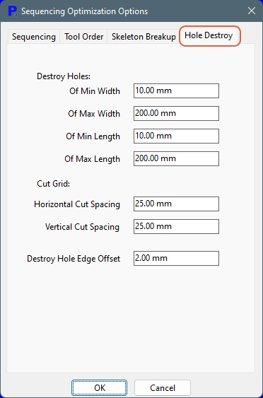 Hole Destroy settings tab on the seuqnecing Options tab