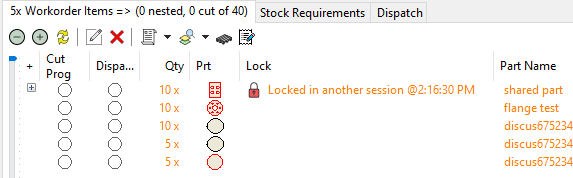 "Shared part" above was in use in nesting on another machine when this workorder was opened at 2:16:30 pm.  The orange text is another clue that none of these lines are locked here.