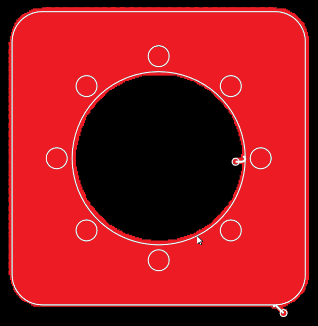 Occupied Area shown in red.  Note it extends beyond part boundaries, covers "small" holes, and for pre-processed parts includes leads and pierce allowance (or pre pierce circles if used)