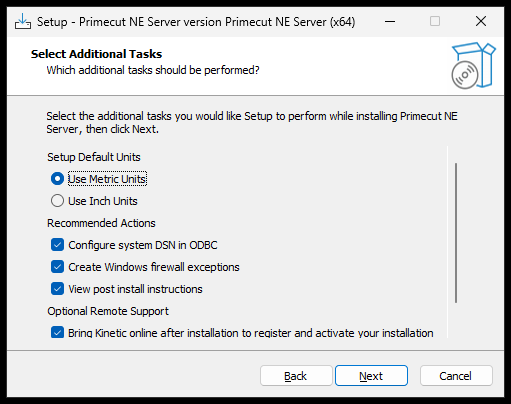 Select Additional Tasks, with metric units chosen Select Additional Tasks, with metric units chosen