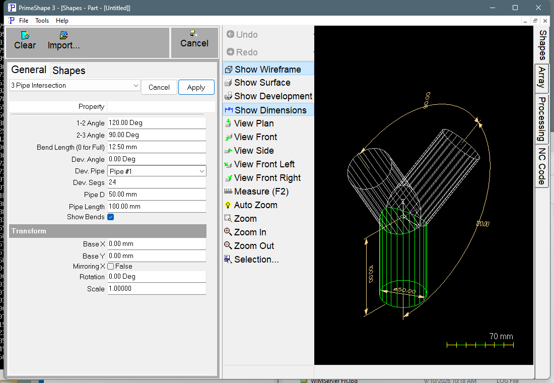 3 Pipe Intersection in PrimeShape: the property page (left) and the shape as a wireframe with its dimensions (right).
