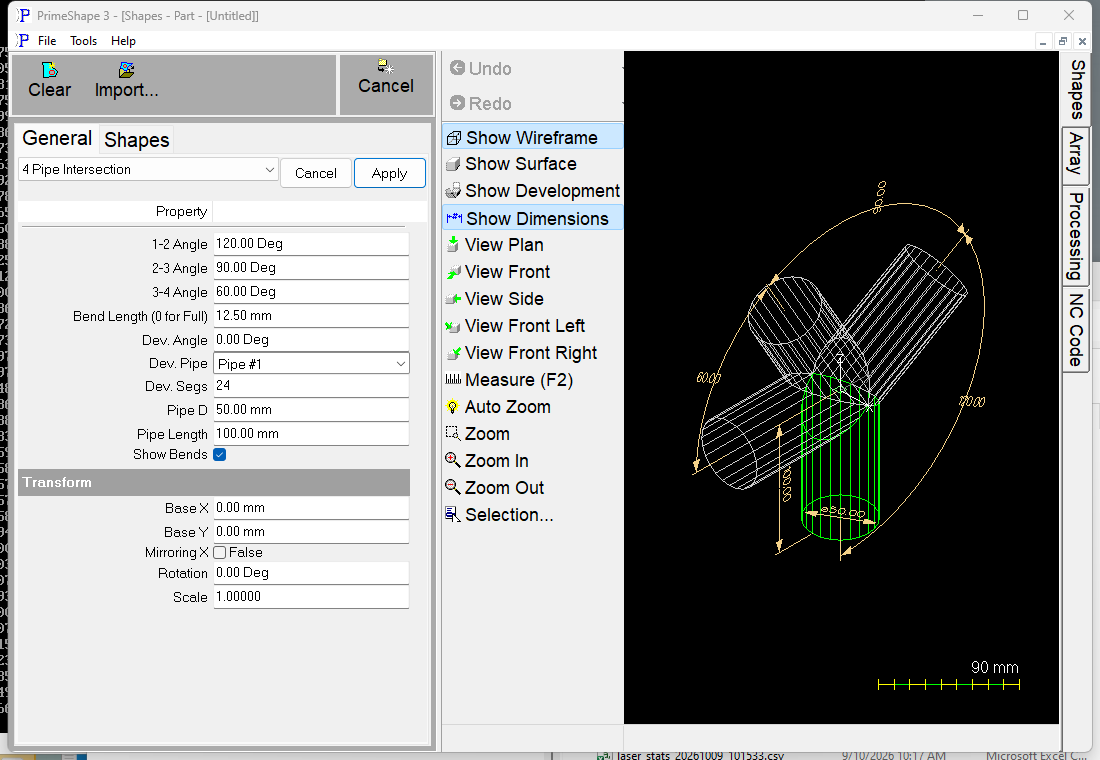 4 Pipe Intersection in PrimeShape: the property page (left) and the shape as a wireframe with its dimensions (right).