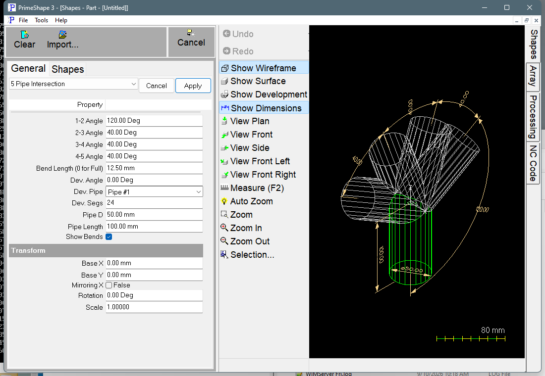 5 Pipe Intersection in PrimeShape: the property page (left) and the shape as a wireframe with its dimensions (right).