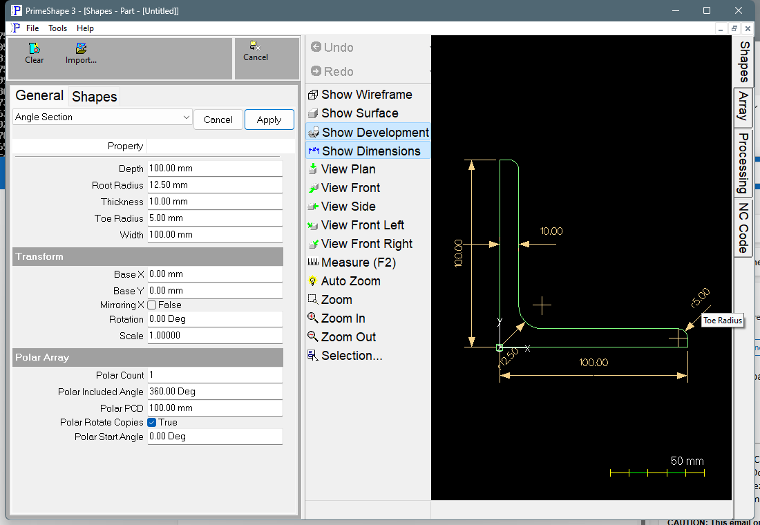 Angle Section in PrimeShape: the property page (left) and the shape with its dimensions (right).
