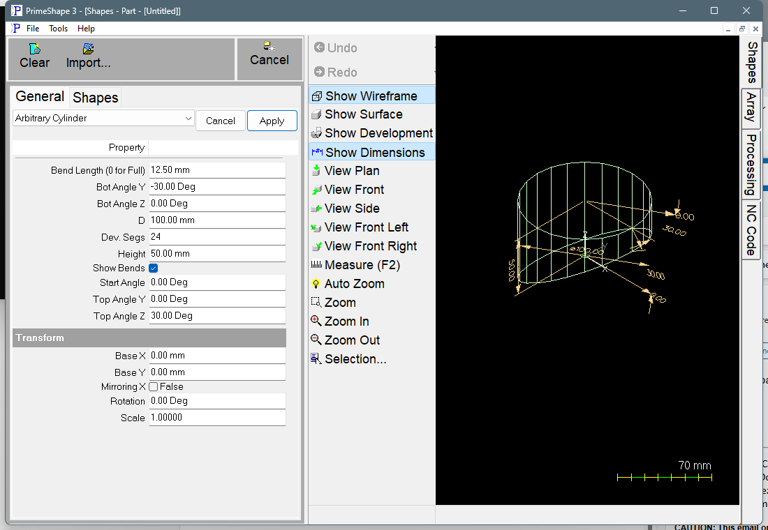 Arbitrary Cylinder in PrimeShape: the property page (left) and the shape as a wireframe with its dimensions (right).