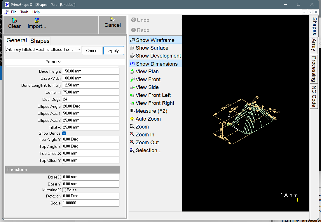 Arbitrary Filleted Rect To Ellipse Transition in PrimeShape: the property page (left) and the shape as a wireframe with its dimensions (right).