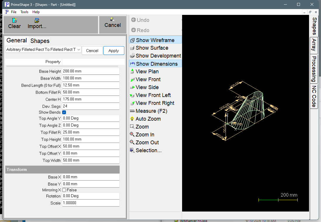 Arbitrary Filleted Rect To Filleted Rect Transition in PrimeShape: the property page (left) and the shape as a wireframe with its dimensions (right).