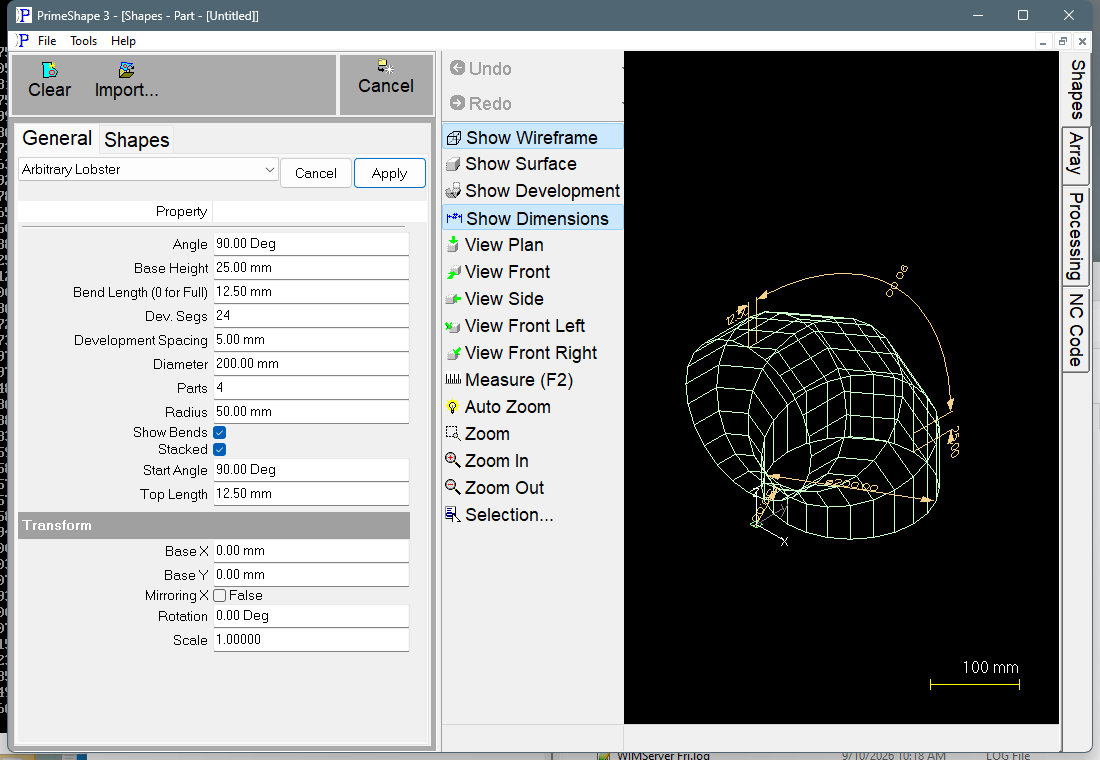 Arbitrary Lobster in PrimeShape: the property page (left) and the shape as a wireframe with its dimensions (right). Arbitrary Lobster in PrimeShape: the property page (left) and the shape as a wireframe with its dimensions (right).