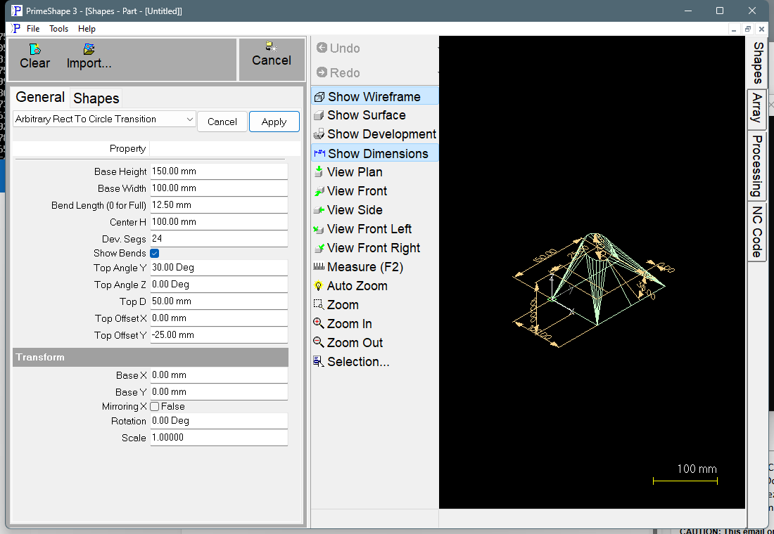 Arbitrary Rect To Circle Transition in PrimeShape: the property page (left) and the shape as a wireframe with its dimensions (right).