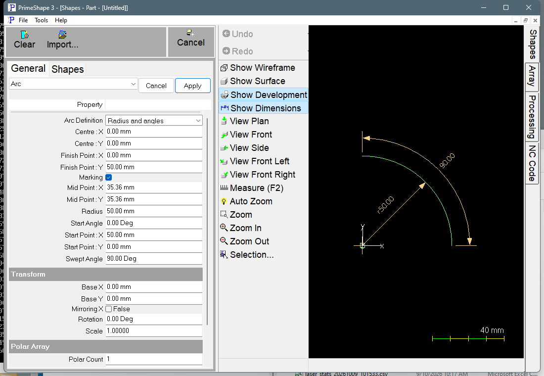 Arc in PrimeShape: the property page (left) and the shape with its dimensions (right).