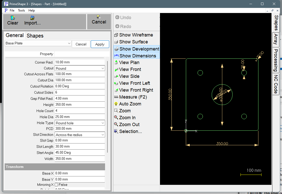 Base Plate in PrimeShape: the property page (left) and the shape with its dimensions (right). Base Plate in PrimeShape: the property page (left) and the shape with its dimensions (right).