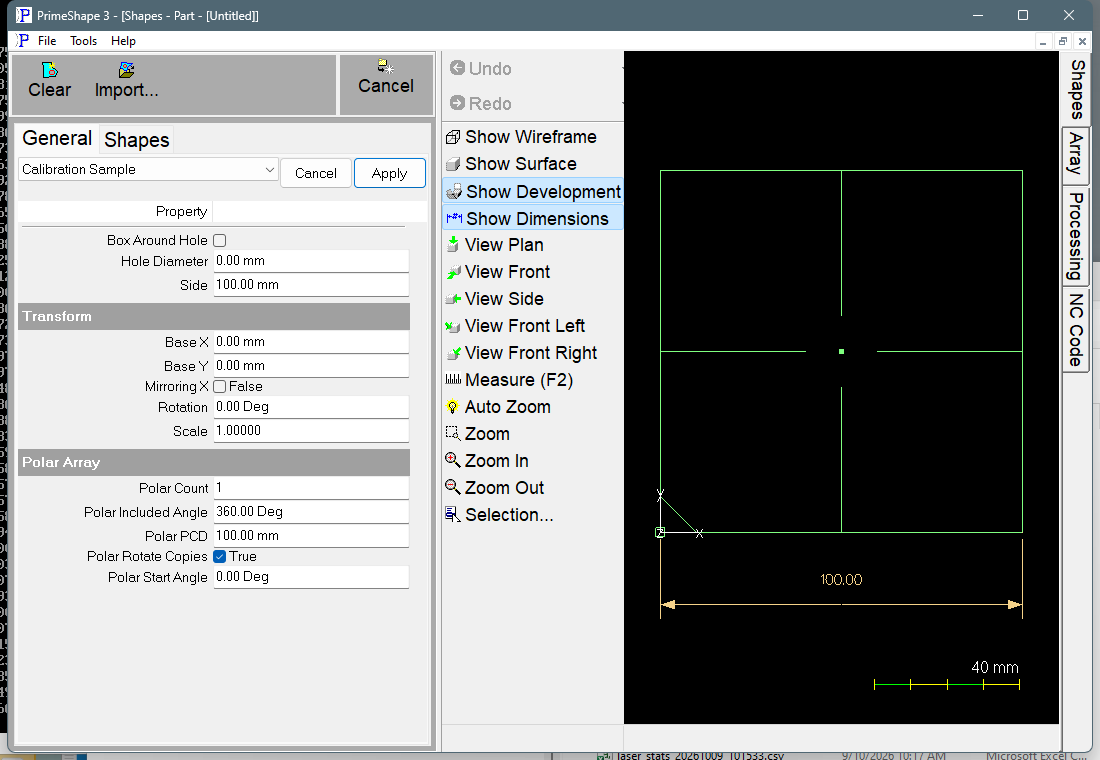 Calibration Sample in PrimeShape: the property page (left) and the shape with its dimensions (right). Calibration Sample in PrimeShape: the property page (left) and the shape with its dimensions (right).