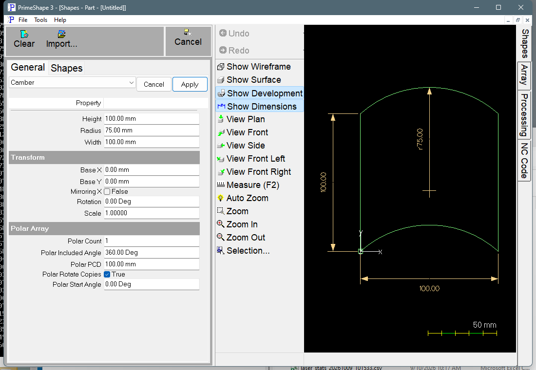 Camber in PrimeShape: the property page (left) and the shape with its dimensions (right).