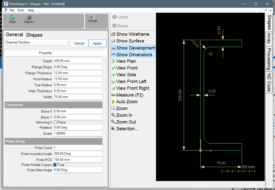 Channel Section in PrimeShape: the property page (left) and the shape with its dimensions (right).