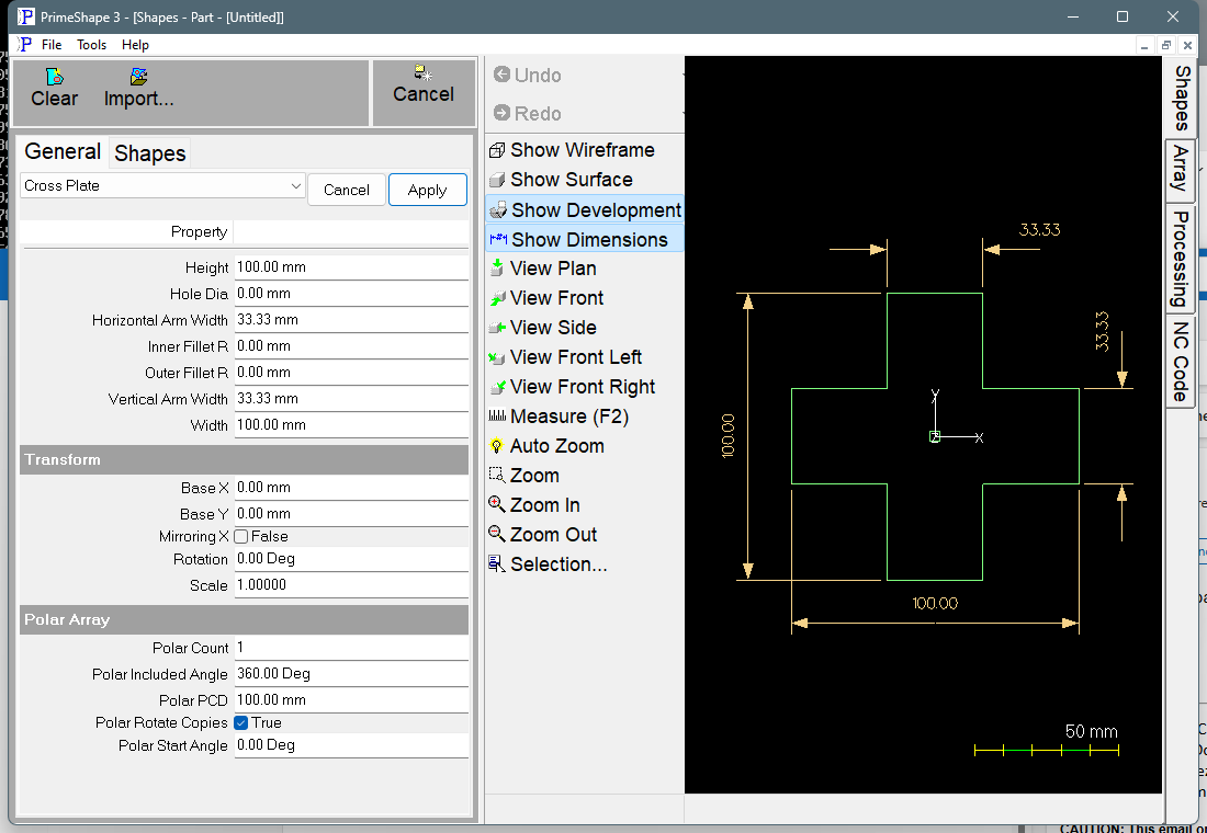 Cross Plate in PrimeShape: the property page (left) and the shape with its dimensions (right). Cross Plate in PrimeShape: the property page (left) and the shape with its dimensions (right).