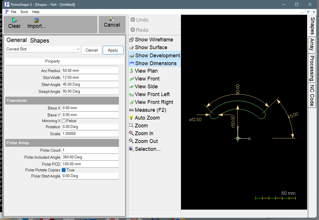 Curved Slot in PrimeShape: the property page (left) and the shape with its dimensions (right). Curved Slot in PrimeShape: the property page (left) and the shape with its dimensions (right).