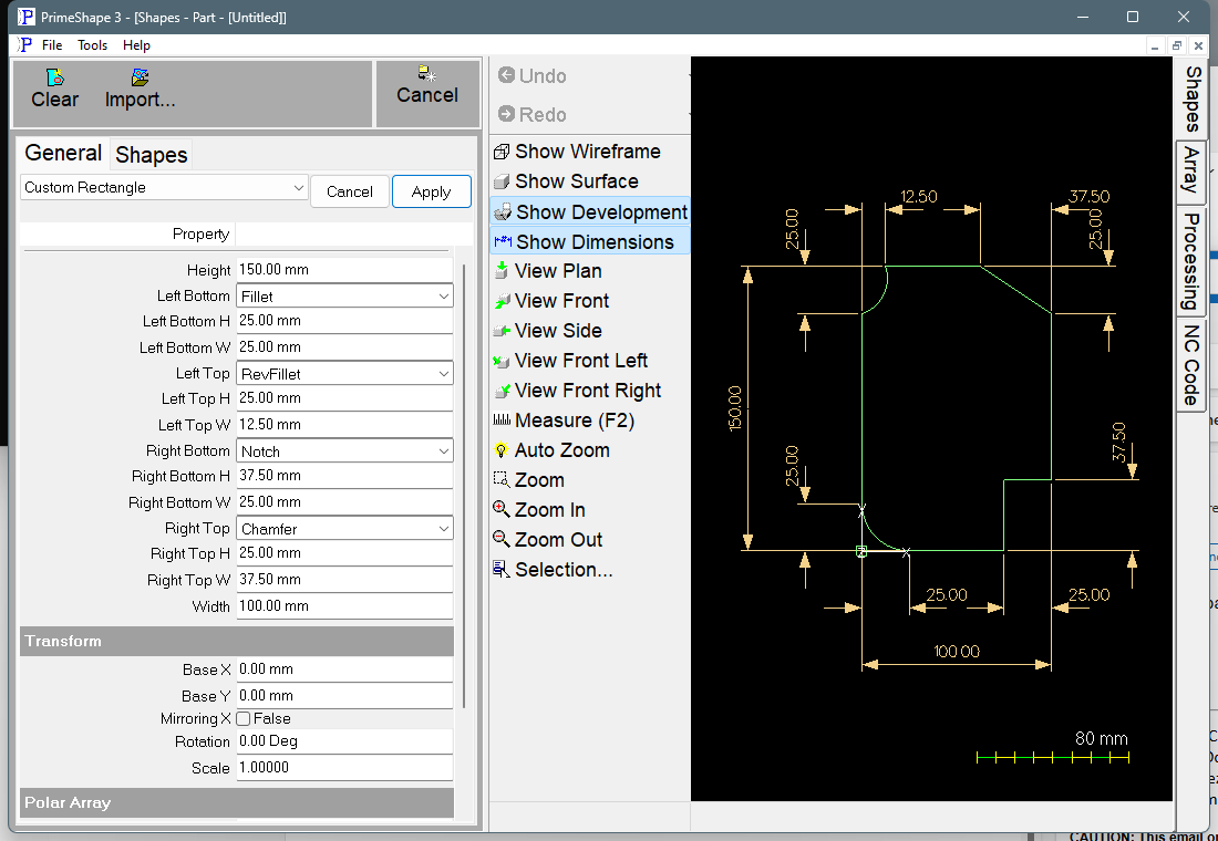 Custom Rectangle in PrimeShape: the property page (left) and the shape with its dimensions (right).