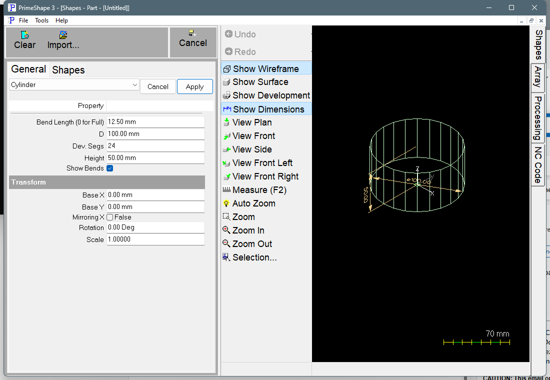Cylinder in PrimeShape: the property page (left) and the shape as a wireframe with its dimensions (right). Cylinder in PrimeShape: the property page (left) and the shape as a wireframe with its dimensions (right).