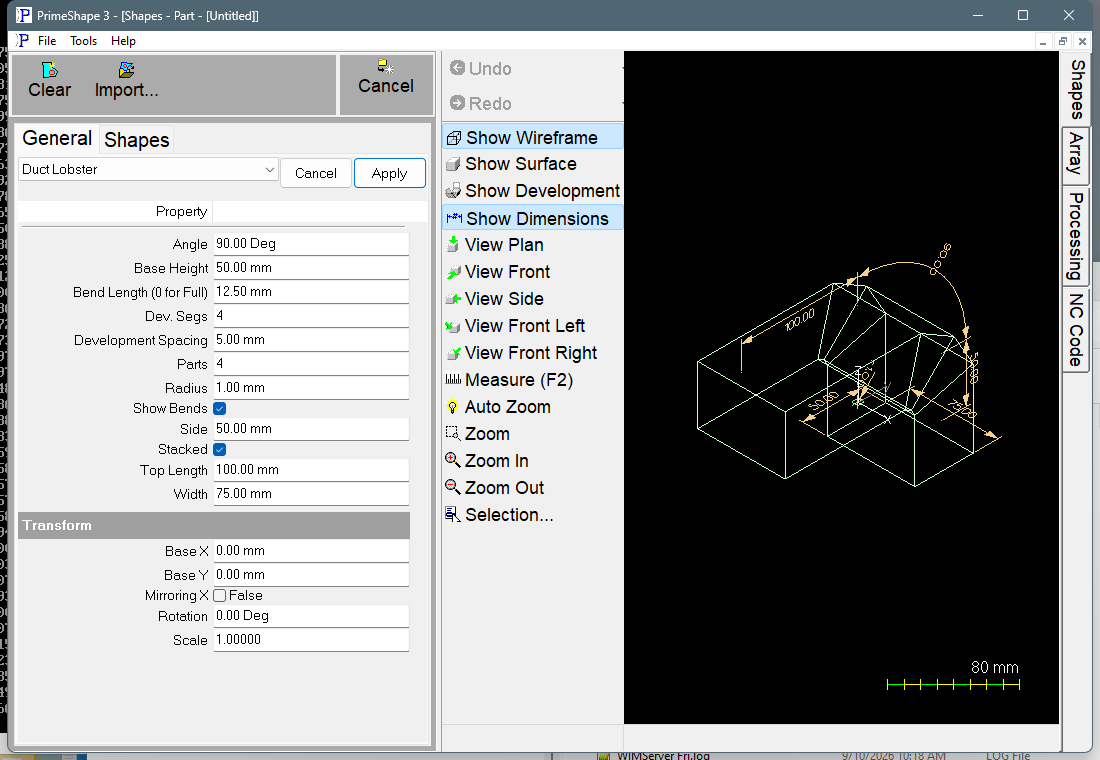 Duct Lobster in PrimeShape: the property page (left) and the shape as a wireframe with its dimensions (right).