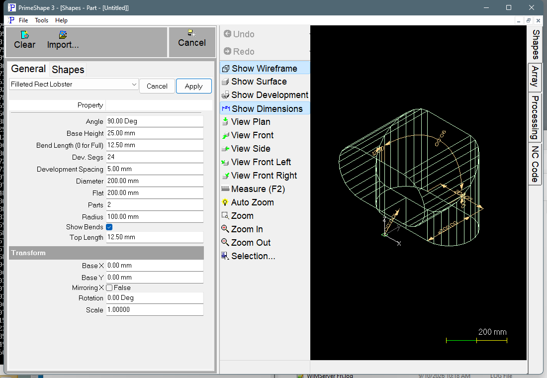 Filleted Rect Lobster in PrimeShape: the property page (left) and the shape as a wireframe with its dimensions (right).