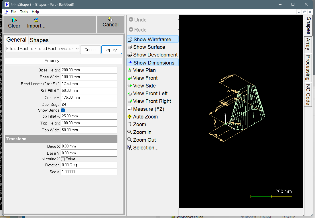 Filleted Rect To Filleted Rect Transition in PrimeShape: the property page (left) and the shape as a wireframe with its dimensions (right).