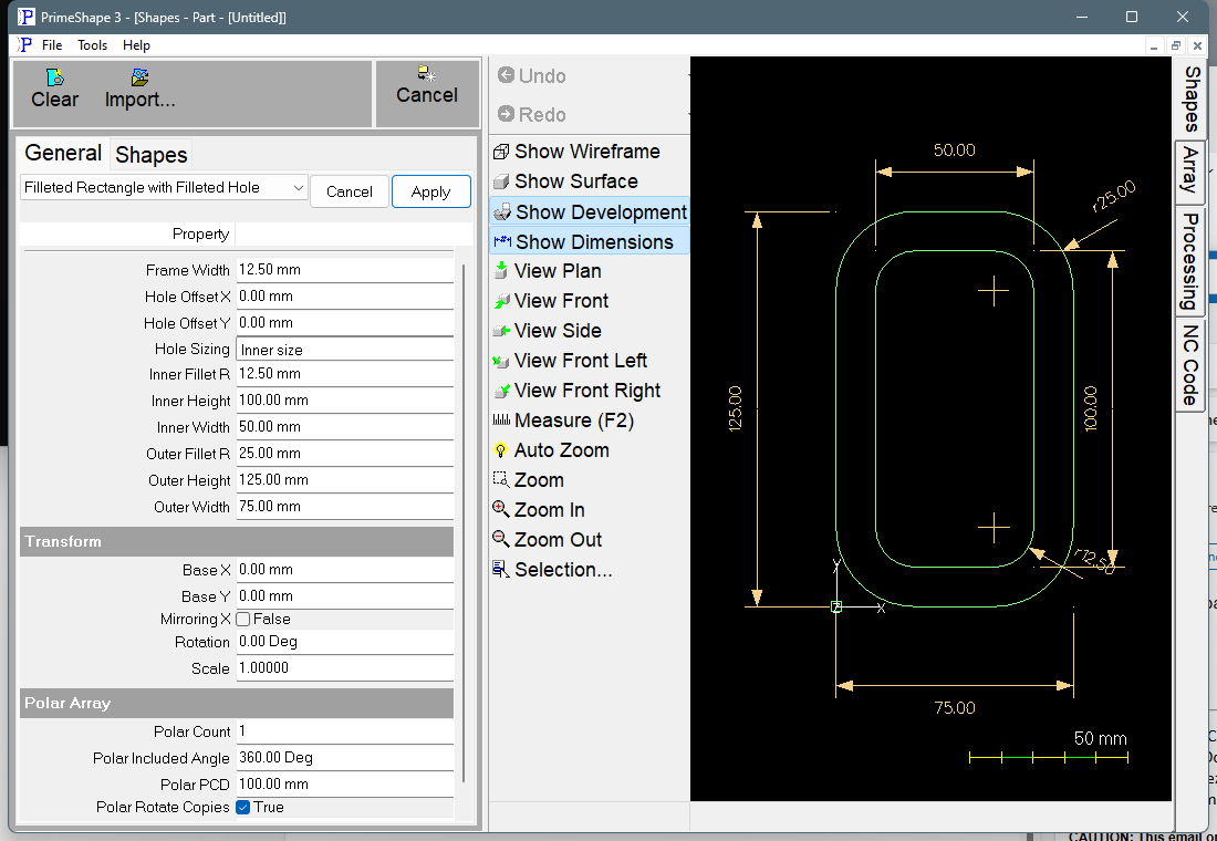 Filleted Rectangle with Filleted Hole in PrimeShape: the property page (left) and the shape with its dimensions (right).