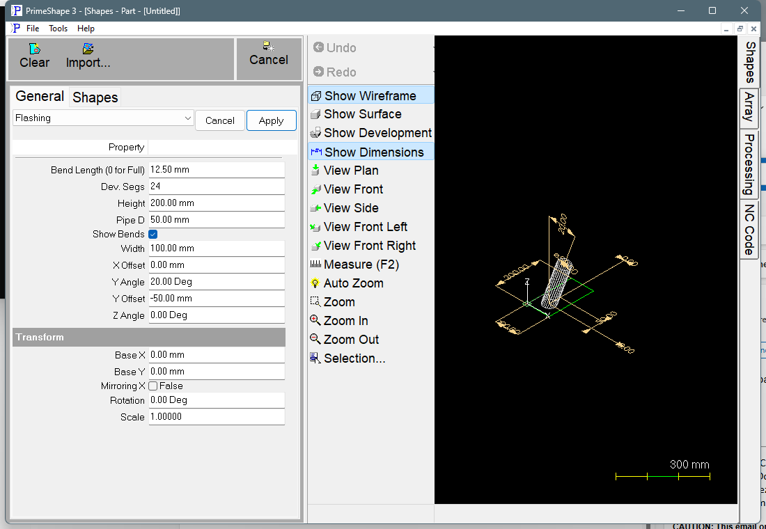 Flashing in PrimeShape: the property page (left) and the shape as a wireframe with its dimensions (right). Flashing in PrimeShape: the property page (left) and the shape as a wireframe with its dimensions (right).