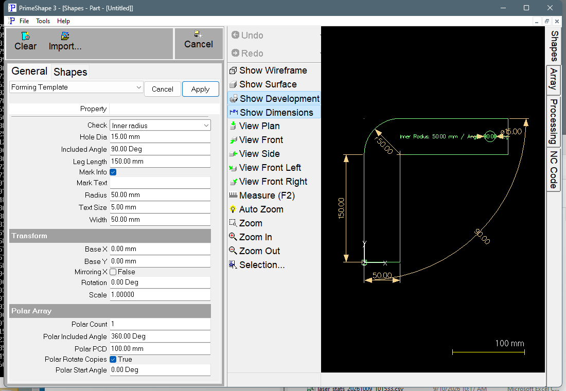 Forming Template in PrimeShape: the property page (left) and the shape with its dimensions (right). Forming Template in PrimeShape: the property page (left) and the shape with its dimensions (right).