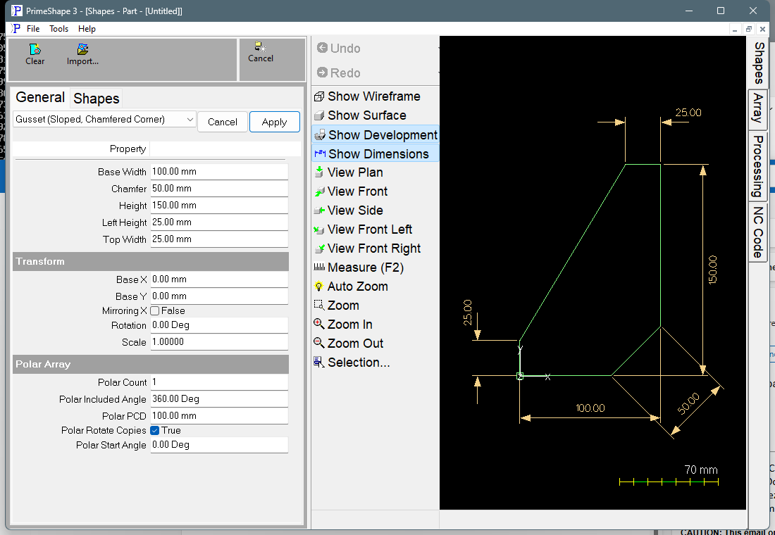 Gusset (Sloped, Chamfered Corner) in PrimeShape: the property page (left) and the shape with its dimensions (right).