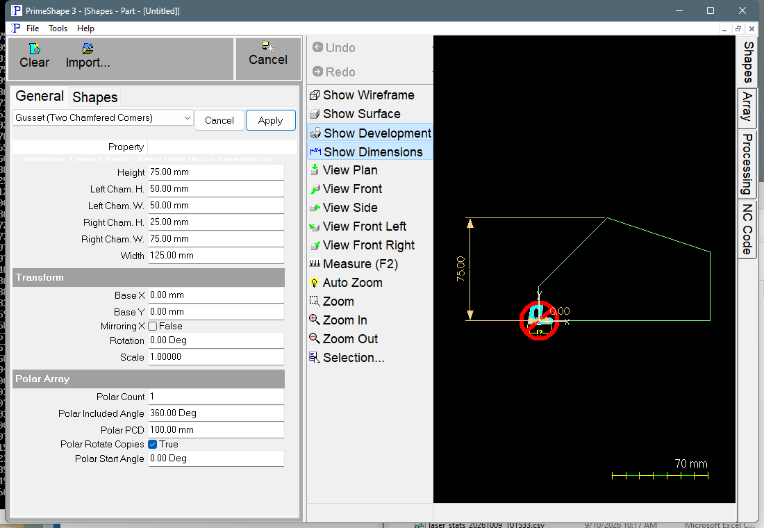 Gusset (Two Chamfered Corners) in PrimeShape: the property page (left) and the shape with its dimensions (right).