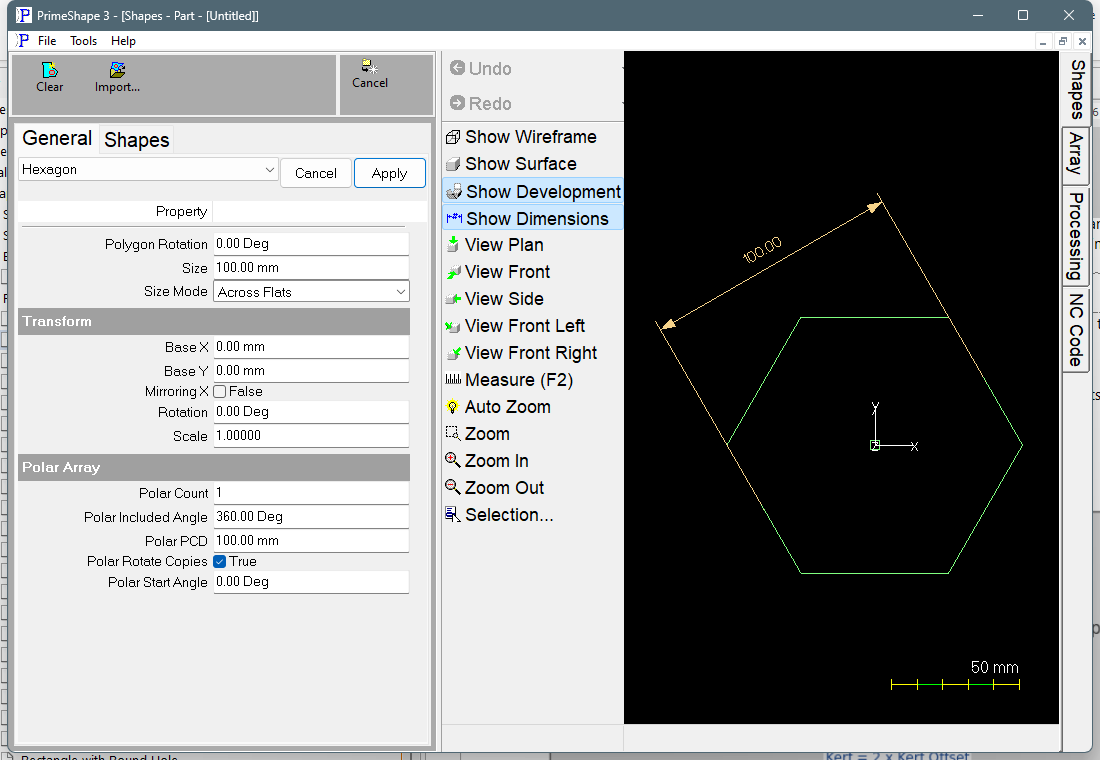 Hexagon in PrimeShape: the property page (left) and the shape with its dimensions (right). Hexagon in PrimeShape: the property page (left) and the shape with its dimensions (right).