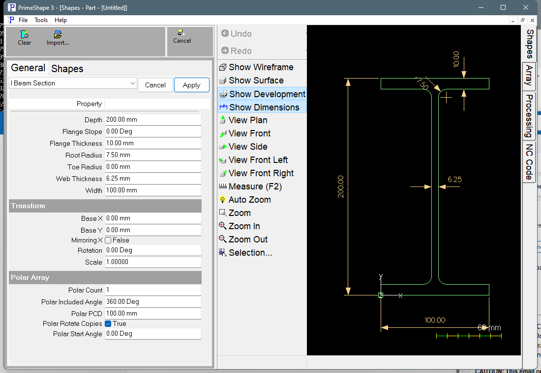 I Beam Section in PrimeShape: the property page (left) and the shape with its dimensions (right).
