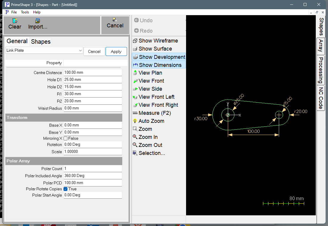 Link Plate in PrimeShape: the property page (left) and the shape with its dimensions (right).