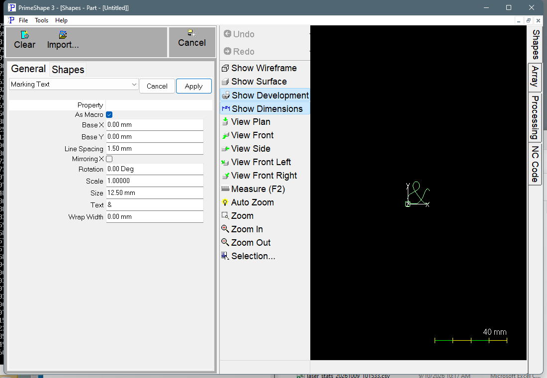 Marking Text in PrimeShape: the property page (left) and the shape with its dimensions (right).