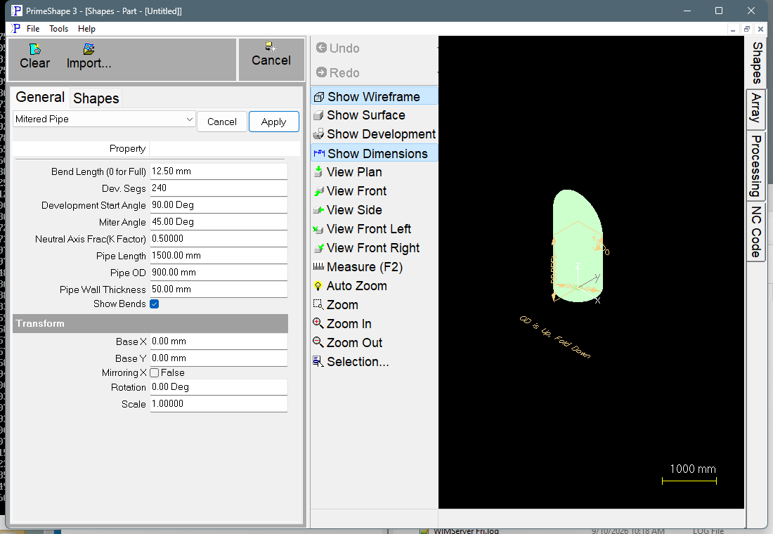 Mitered Pipe in PrimeShape: the property page (left) and the shape as a wireframe with its dimensions (right).
