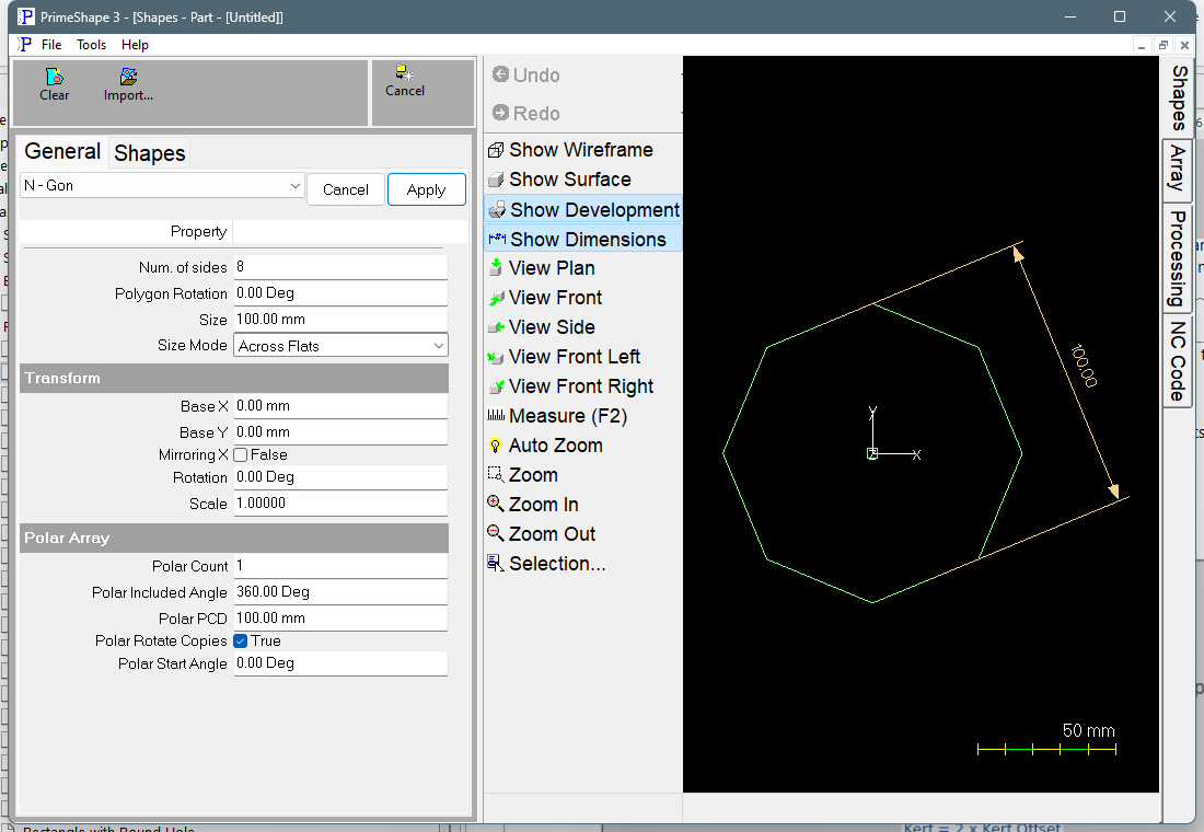 N - Gon in PrimeShape: the property page (left) and the shape with its dimensions (right). N - Gon in PrimeShape: the property page (left) and the shape with its dimensions (right).