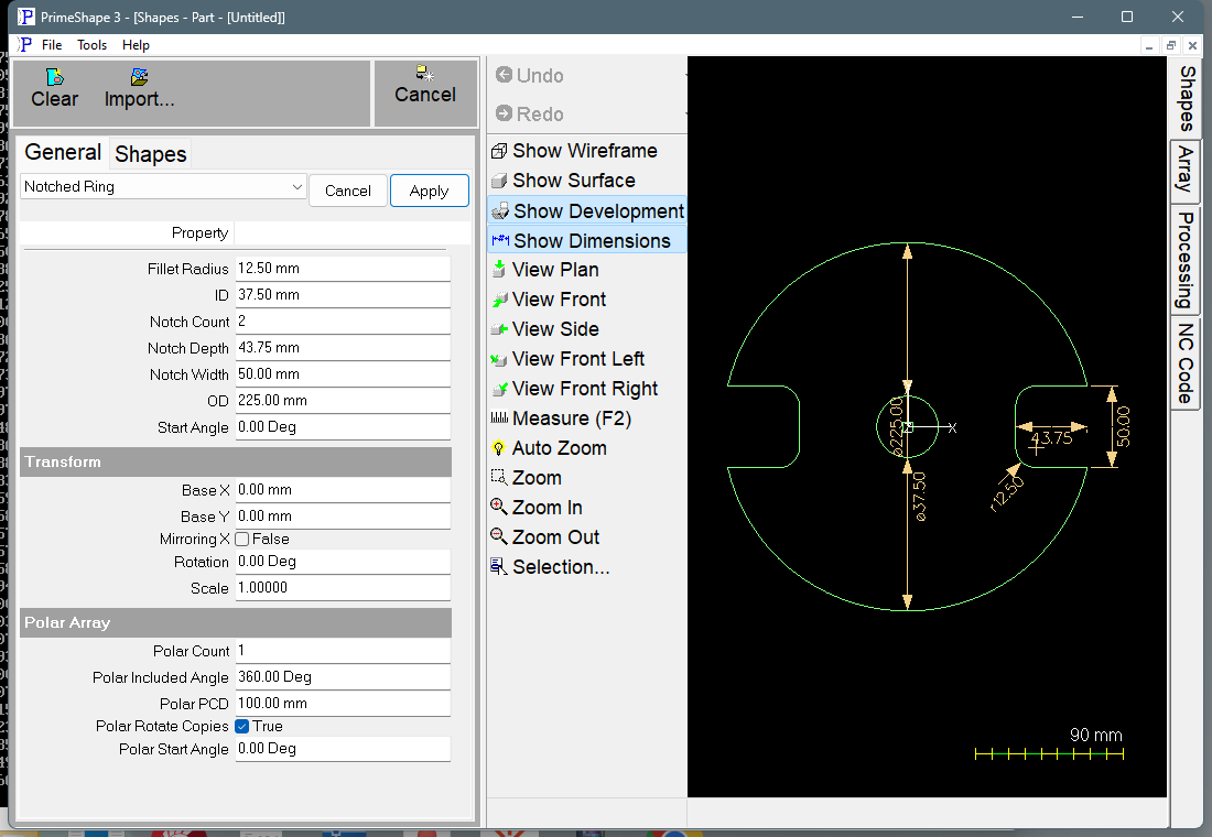 Notched Ring in PrimeShape: the property page (left) and the shape with its dimensions (right). Notched Ring in PrimeShape: the property page (left) and the shape with its dimensions (right).