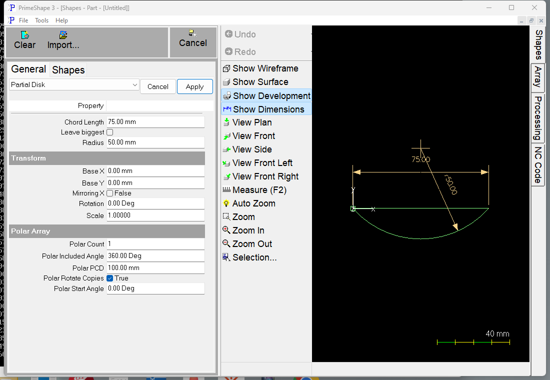 Partial Disk in PrimeShape: the property page (left) and the shape with its dimensions (right).