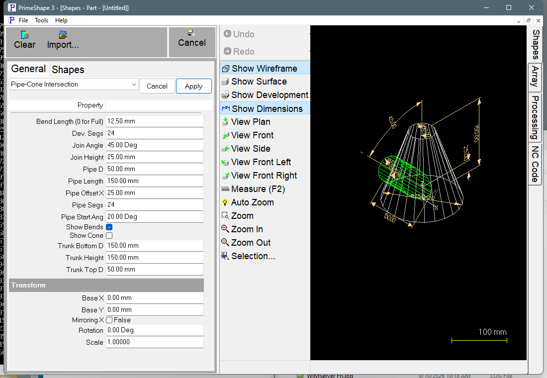 Pipe-Cone Intersection in PrimeShape: the property page (left) and the shape as a wireframe with its dimensions (right). Pipe-Cone Intersection in PrimeShape: the property page (left) and the shape as a wireframe with its dimensions (right).