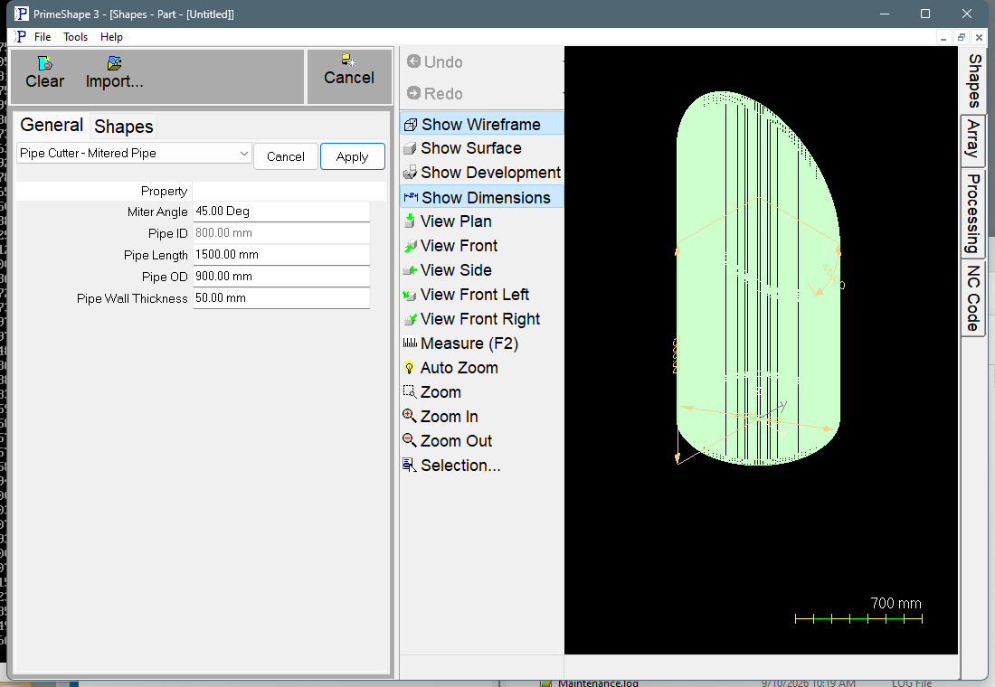 Pipe Cutter - Mitered Pipe in PrimeShape: the property page (left) and the shape as a wireframe with its dimensions (right).