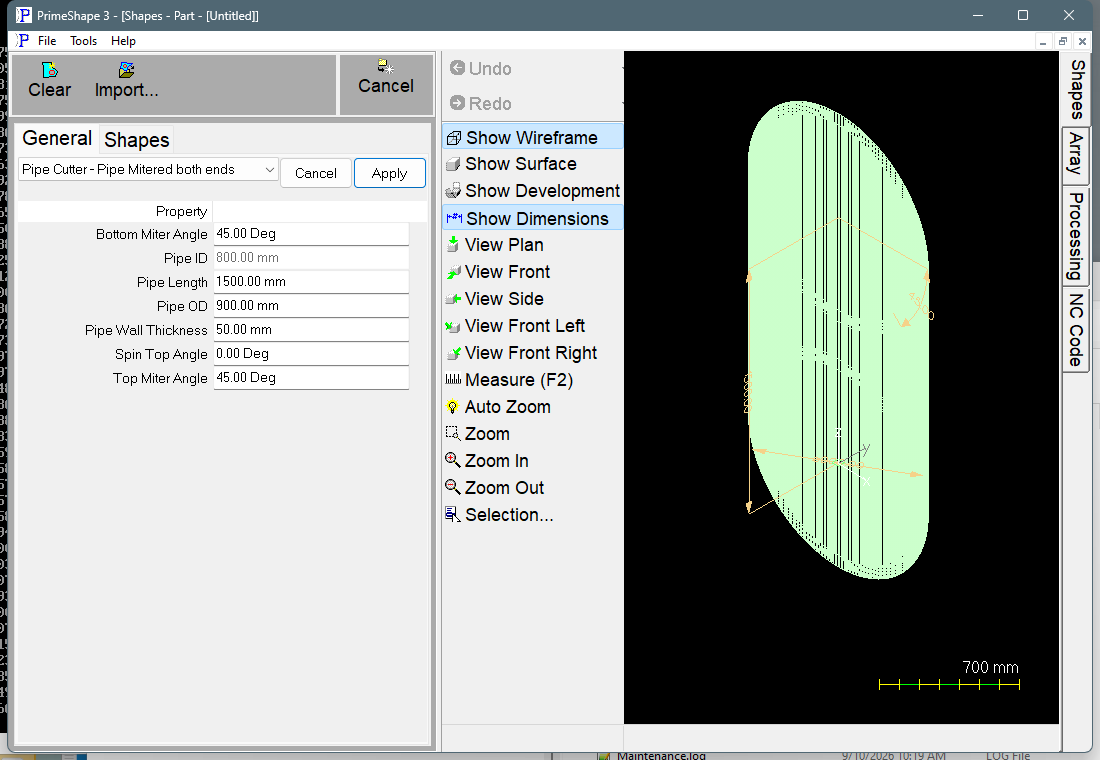 Pipe Cutter - Pipe Mitered both ends in PrimeShape: the property page (left) and the shape as a wireframe with its dimensions (right). Pipe Cutter - Pipe Mitered both ends in PrimeShape: the property page (left) and the shape as a wireframe with its dimensions (right).
