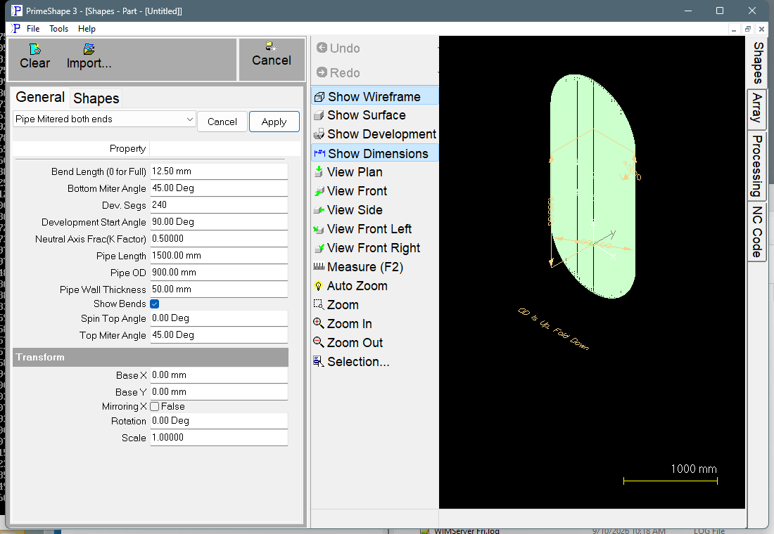 Pipe Mitered both ends in PrimeShape: the property page (left) and the shape as a wireframe with its dimensions (right).