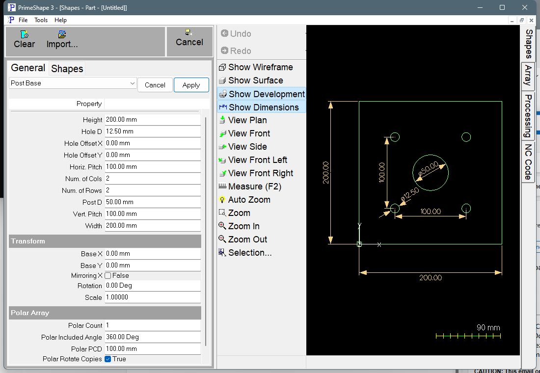 Post Base in PrimeShape: the property page (left) and the shape with its dimensions (right).