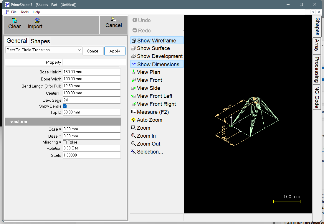 Rect To Circle Transition in PrimeShape: the property page (left) and the shape as a wireframe with its dimensions (right).