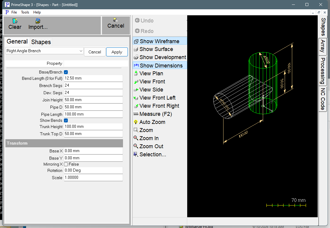Right Angle Branch in PrimeShape: the property page (left) and the shape as a wireframe with its dimensions (right). Right Angle Branch in PrimeShape: the property page (left) and the shape as a wireframe with its dimensions (right).